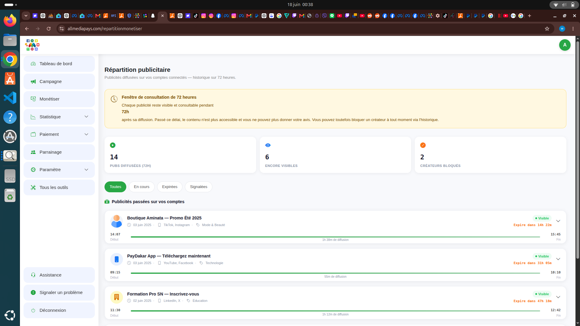 Page Répartition publicitaire avec liste des publicités diffusées